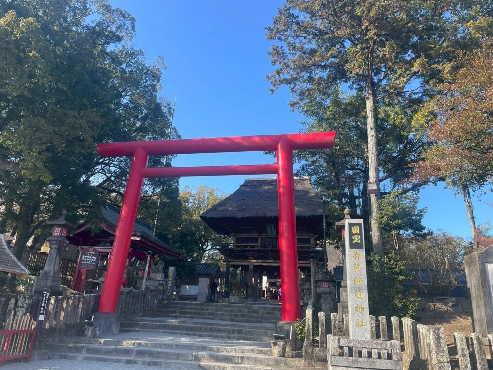 国宝 青井阿蘇神社の赤い鳥居と茅葺き屋根の楼門