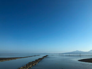 バスの車窓から見える有明海の干潮風景。独特の石積みの堤防が続いている。