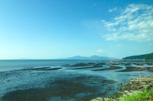 快速あまくさ号の車窓から望む有明海の干潟。干潮時に現れる美しい砂紋様。
