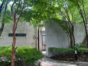 緑に囲まれた「白水郷アートプレイス」の玄関。元美術館ならではのおしゃれなコンクリートの壁が特徴