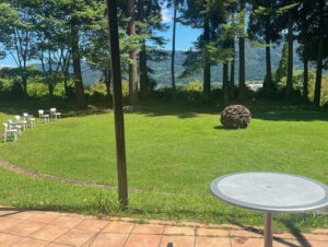 南阿蘇の絶景カフェ「白水郷アートプレイス」のテラス席から望む、緑豊かなガーデンとアートオブジェ