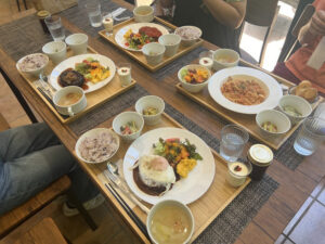 熊本・南阿蘇のカフェで楽しめるランチメニュー。ハンバーグやパスタなど彩り豊かな食事がテーブルに並ぶ