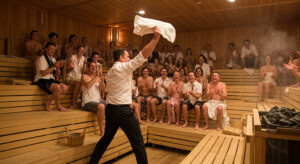 ヨーロッパのシアターサウナで、白いシャツと黒いスラックスを着たアウフグースマスターが、満員の観客の前でタオルを振るショーパフォーマンス。観客は笑顔で拍手している。