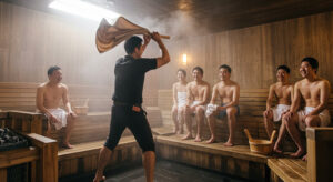 木のぬくもりが感じられるサウナ室で、黒いシャツを着た熱波師が、座っている複数の男性客に向かってタオルを振るアウフグースサービスを行っている。