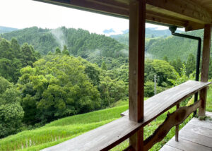 國武林業の事務所テラスから望む、熊本県御船町の自然豊かな山々の風景。