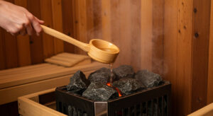 サウナストーブに積まれた熱いサウナストーンに、黒いひしゃくで水を注いでいるクローズアップ。ロウリュによる蒸気発生の瞬間。